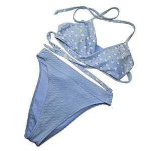 Hollister Mixed Bikini Set Wrap‎ Top High Waist Bottoms M Blue Floral